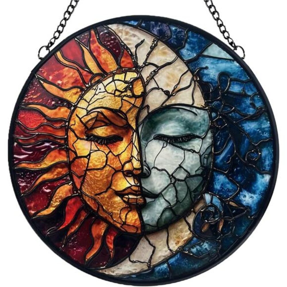 Sun & Moon Decor Suncatcher Stained Glass Window Hanging Handmade Stained Glass